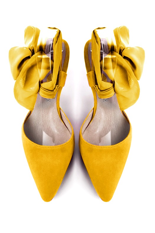 Yellow women's open back shoes, with an ankle scarf. Tapered toe. Medium spool heels. Top view - Florence KOOIJMAN